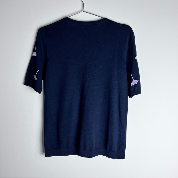 TALBOTS Spring Navy Short Sleeve Cardigan Lavender Embroidered Beaded Flowers - Picture 6 of 7